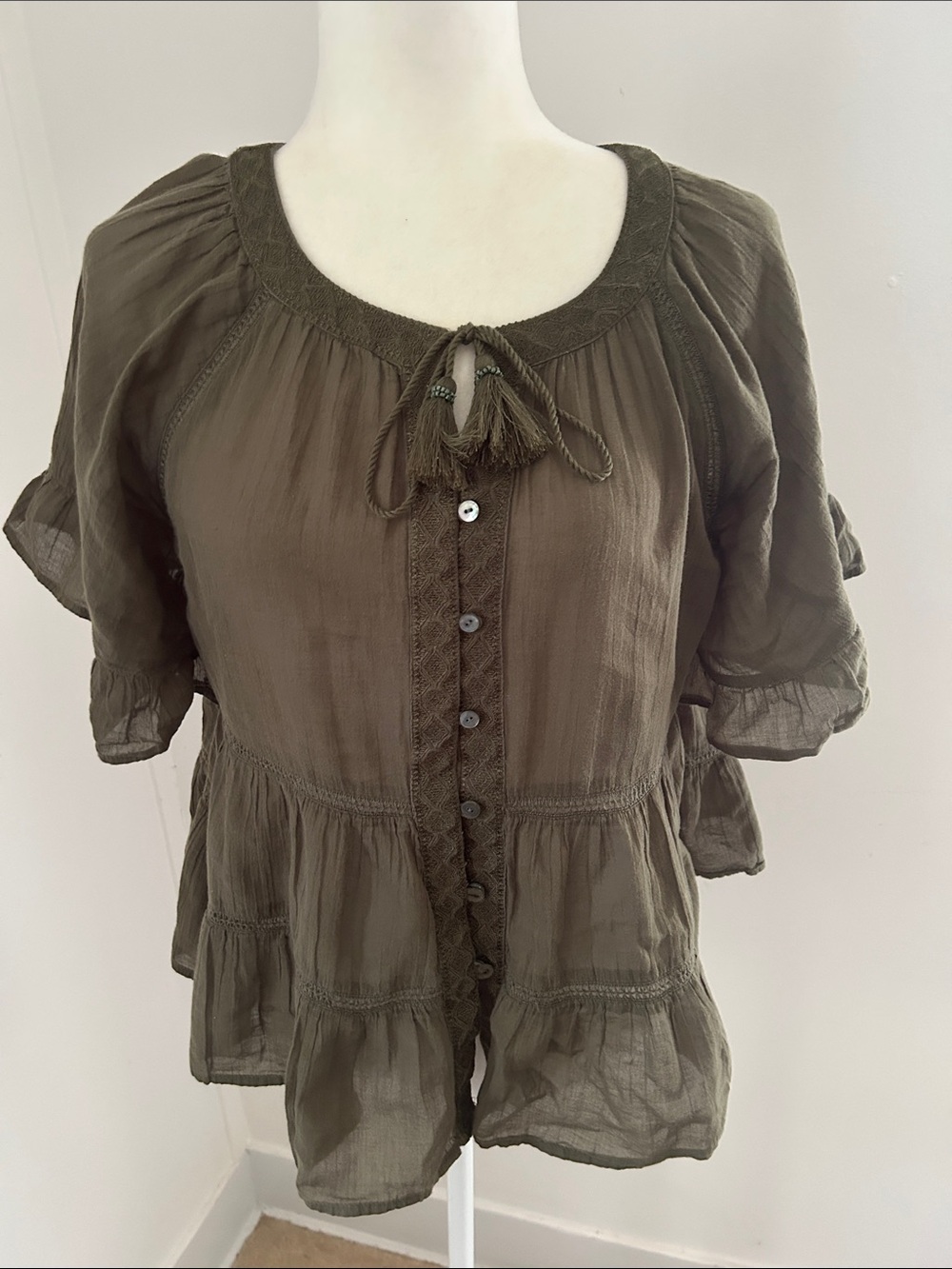J.Jill Olive Green Button-Front Cotton Peasant Top sz xs/S